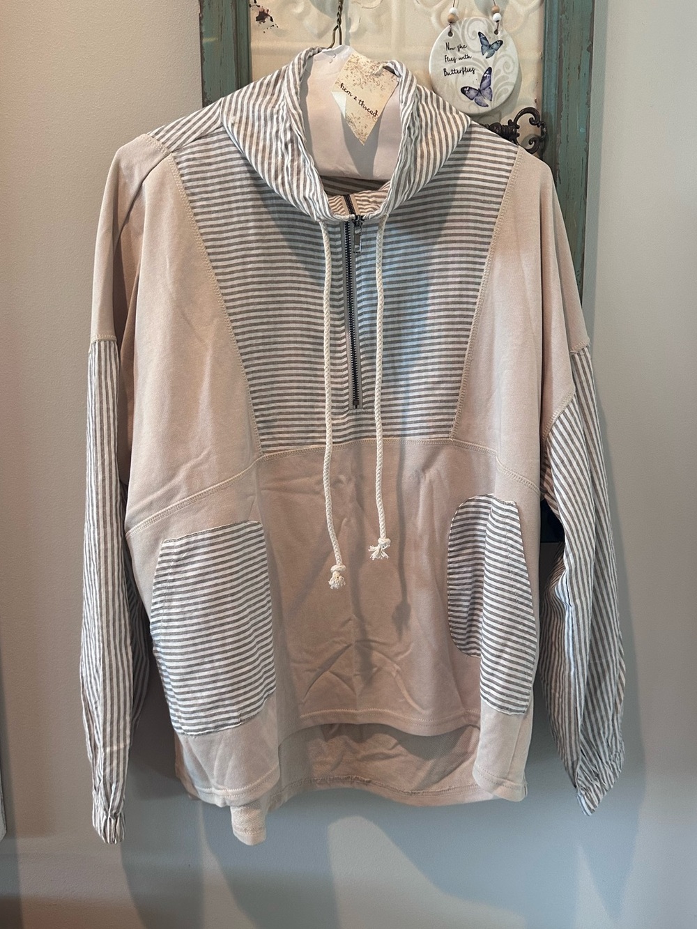Hem & Thread Cream Pullover Cowl Neck with Light Gray Stripes Size L NWT